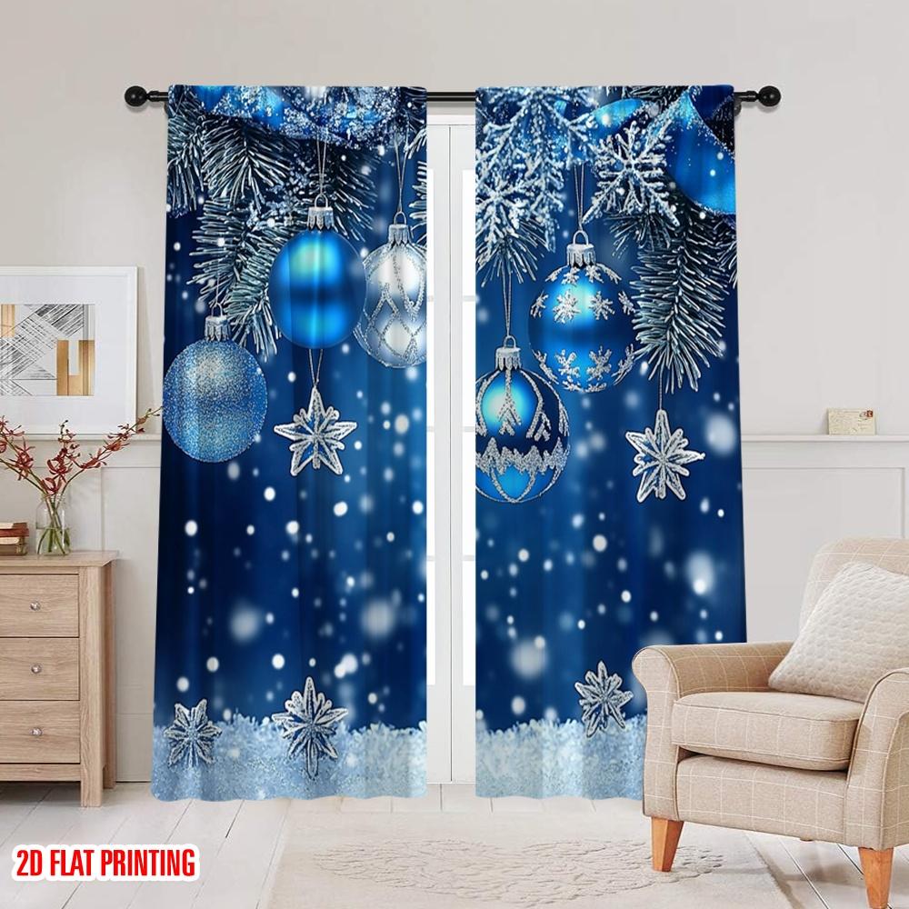 2pcs 2D flat printing Merry Christmas Popular Drapes blue snowflakes Polyester Without Electricity Festive Curtains for Room