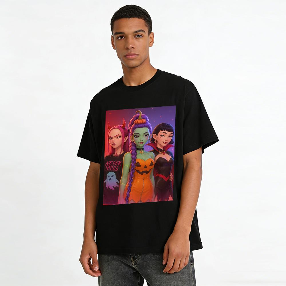 Halloween Themed Three Personality Witch Print Tops Casual Crew Neck Short Sleeve T-shirts Pure cotton T-shirt