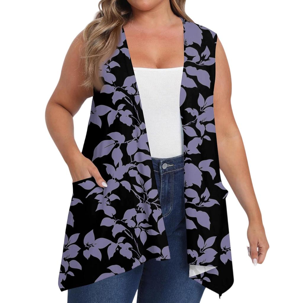 Women's Oversized Loose Casual Printed Sleeveless Vest With Pocket Cardigan Jacket Cardigan Jacket