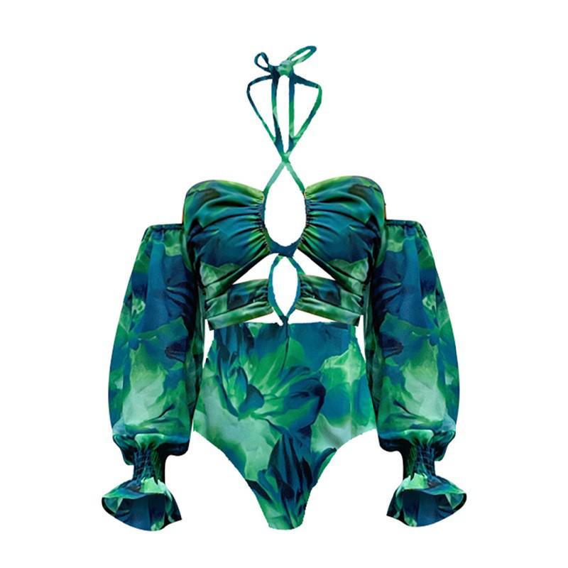 

Европейский и американский купальник на шнуровке с низким вырезом и рукавами-лепестками с принтом - Женская сексуальная пляжная одежда Medium зелёный