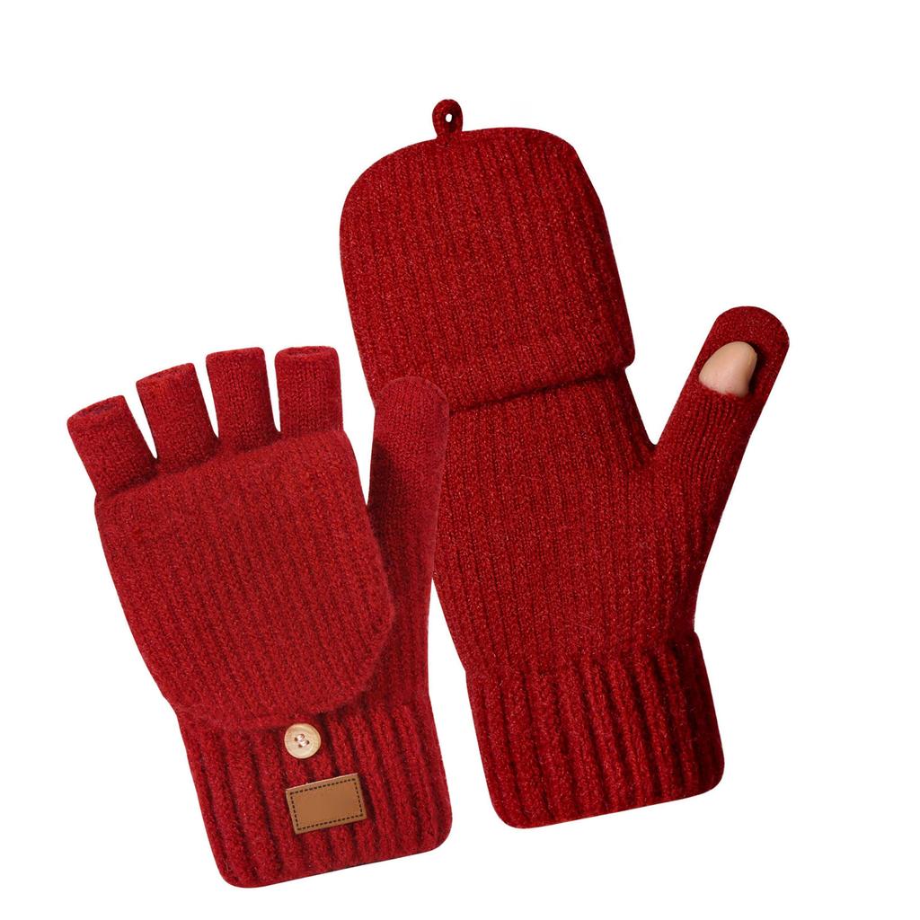 Women Knitted Half Finger Gloves Insulated Windproof Double Layer Fleece Lining Winter Outdoor