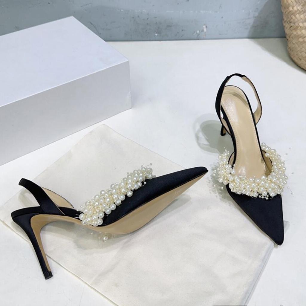 Fashion Pearl Chain Flip-Top Sandals For Women 2025 Summer, New French Elegant Pointed-Toe, Shallow-Mouthed Back-Strap Stilettos