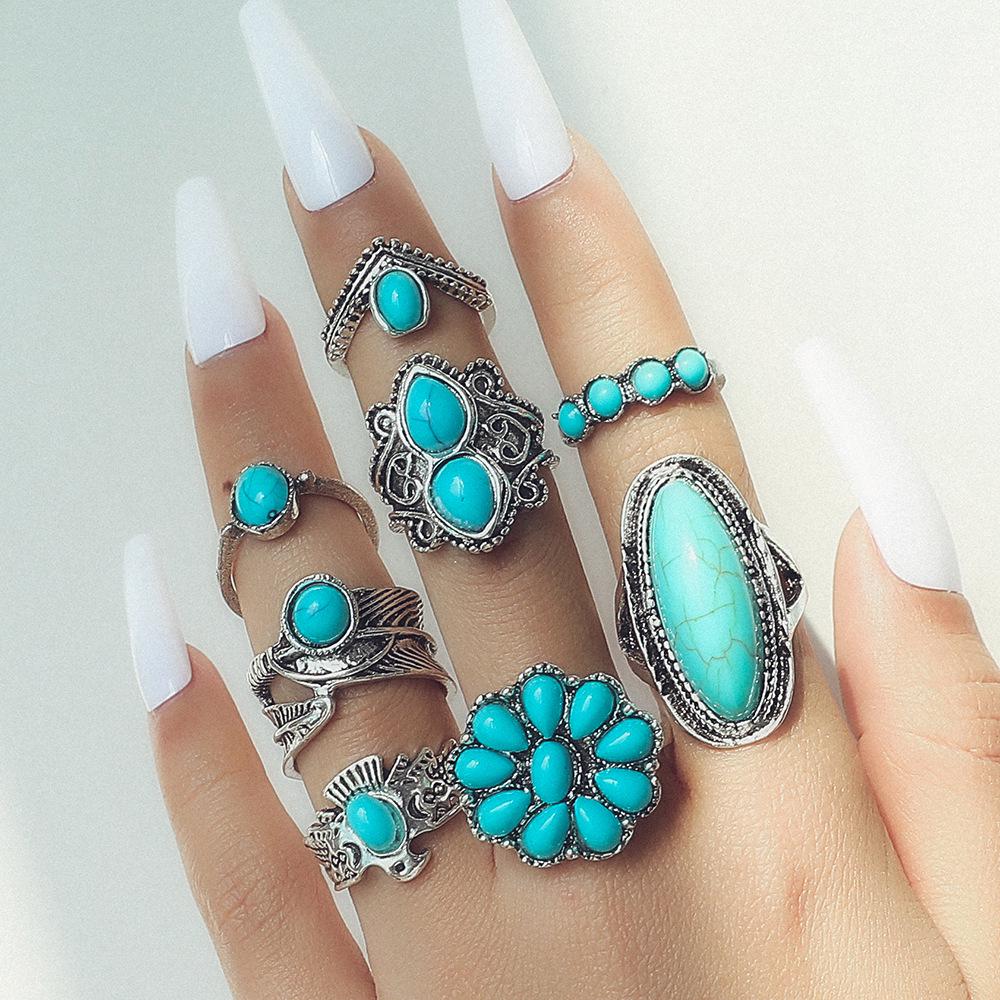 

European & American Bohemian Retro Owl Feather Turquoise 8-Piece Ring Set