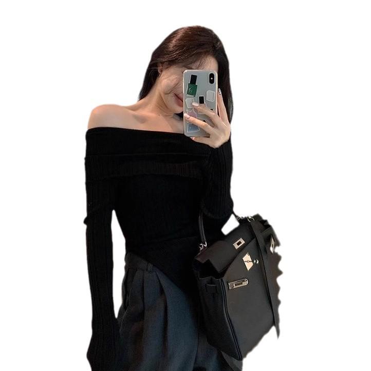 2024 French One-Shoulder Slit Knit Sweater: Women's Spring Irregular Slim-Fit Long Sleeve Top