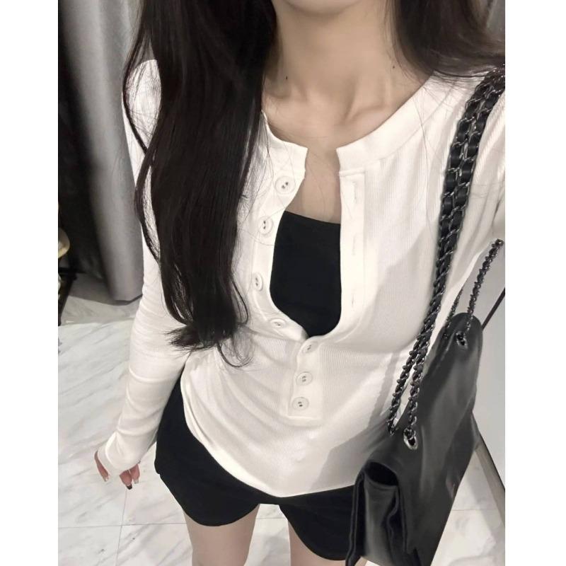 Spice Girl Shoulder Long Sleeve T-Shirt Women's Spring Skinny Single-breasted Top Bottom Shirt Tide