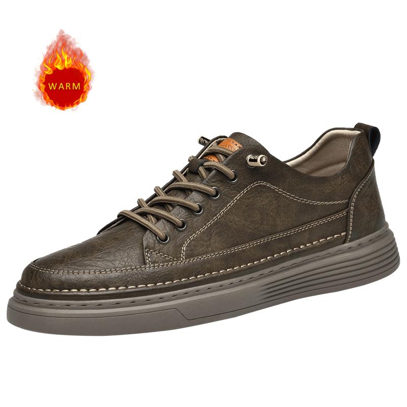 Classic Brand Men's Leather Casual Shoes Retro Khaki Men's Oxford Shoes Breathable Men's Outdoor Hiking Shoes Winter Velvet