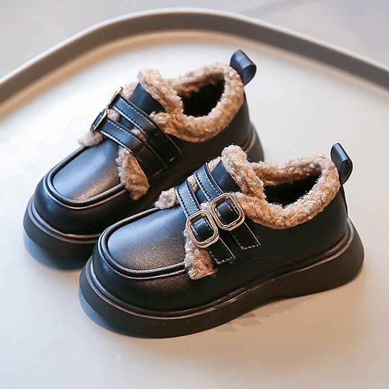 Girls' velvet small leather shoes 2025 autumn and winter new boys' lamb wool soft-soled cotton shoes British style warm princess shoes