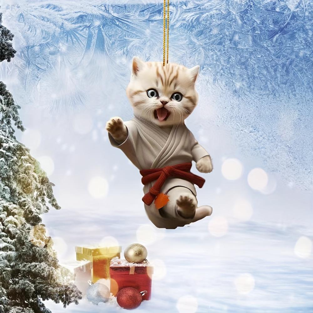 New Christmas Creative Kung Fu Cat Ornaments, Holiday Home Decor Acrylic Flat Pendant For Car Hanging, Christmas Tree Decoration
