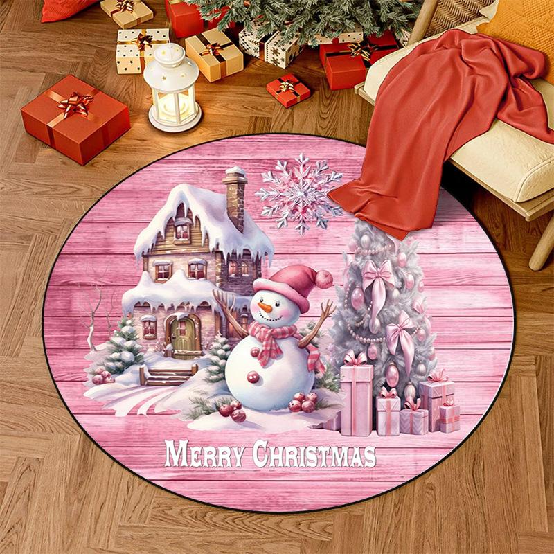 Christmas Nursery Rug Pink Snowman Playmat for Kids Room Santa Claus Toddler Round Carpet Gingerbread Man Non Slip Circle Rug