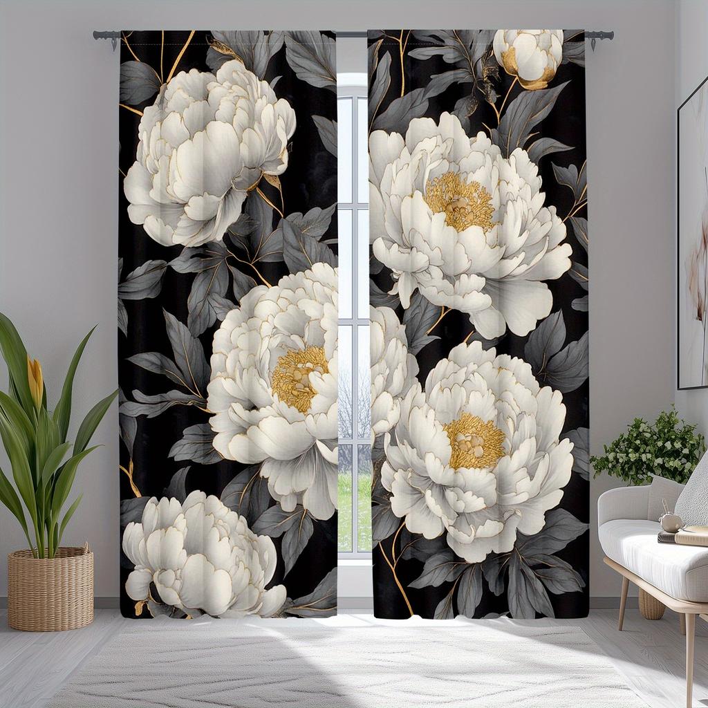 Black White Gold Floral Pattern Curtains Polyester Fabric Suitable Living Room Bedroom Decoration Curtain Machine Washable Perfect For Great