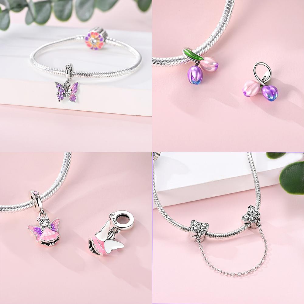 Original Copper Butterfly Clover Pendant Pink Flowers Bead Fit Bracelet Women Jewelry Diy Anniversary Fine Gift