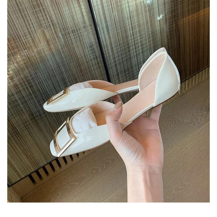 New Designer Women Patent Leather Flat Shoes Beautiful Metal Buckle Casual Boat Shoes Girl Loafers Summer Two-piece Sandals