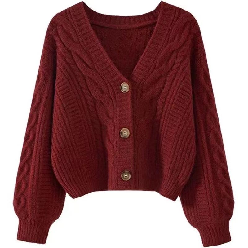 Gentle wear v-neck twist sweater women's autumn and winter wear small lazy wind knitted cardigan short coat top