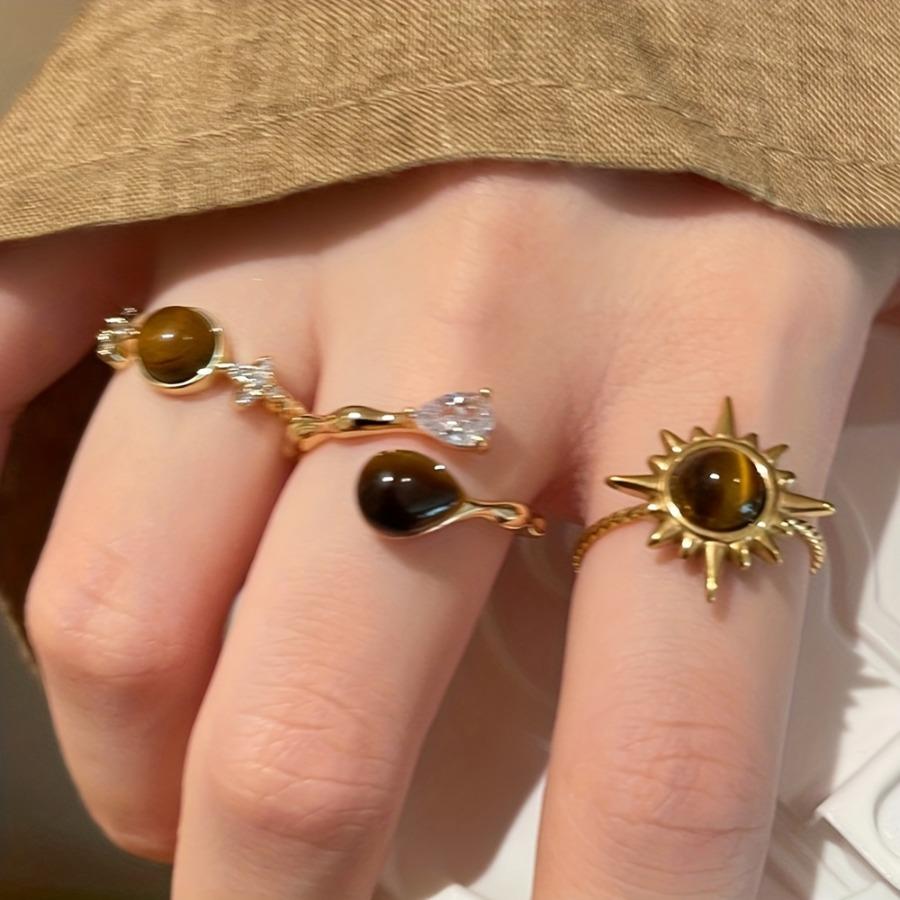 A Set of Three Stylish Sunflower Water Droplet Decorative Open Rings Suitable for Women'S Everyday Wear