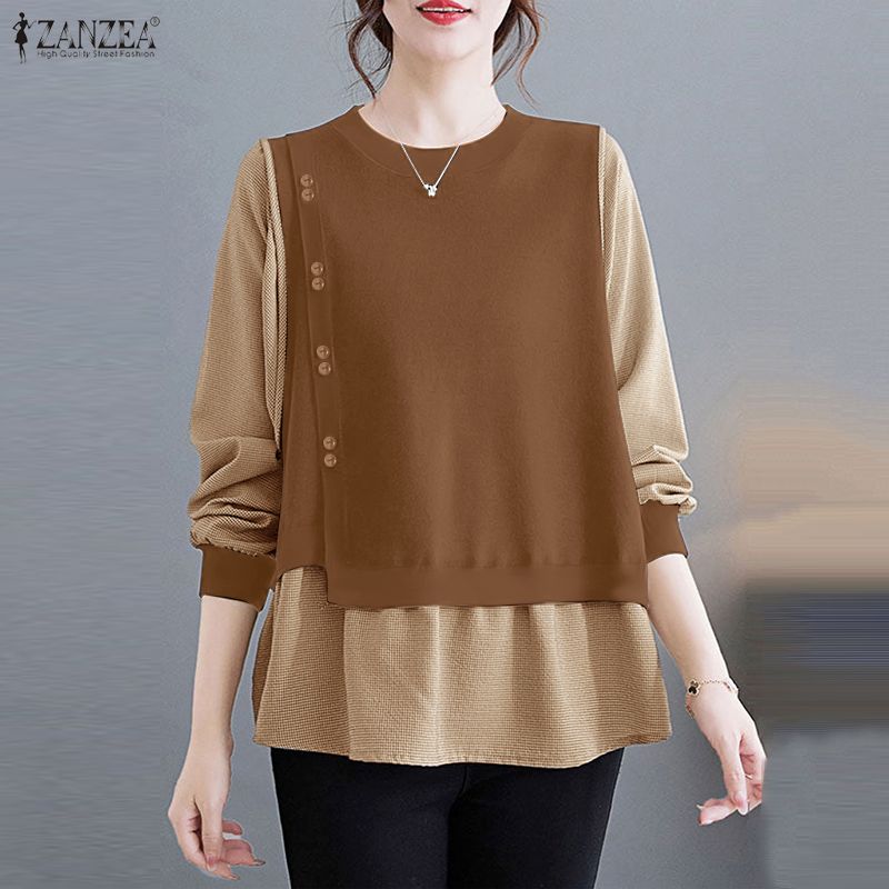 ZANZEA Womens Autumn Plaid Print Long Sleeve Splice Casual Blouse