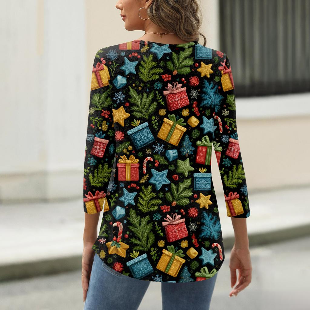 Women's T Shirt Print Button 3/4 Sleeve Daily Weekend Fashion Basic V- Neck Regular Top