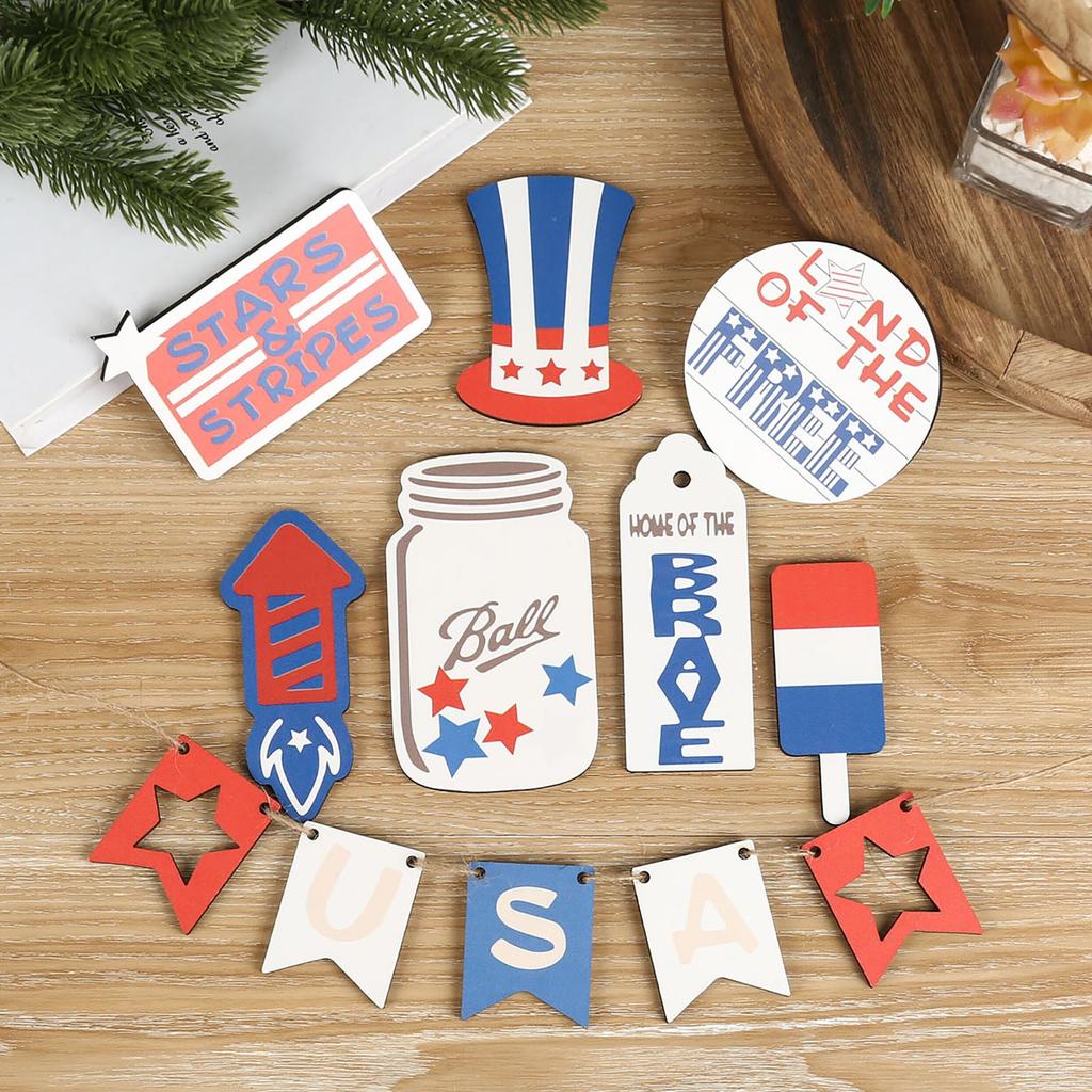Patriotic Tiered Tray Decor, Independence Day Wooden Sign Decor, American Flag Garland Table Centerpiece, Memorial Day  Decor