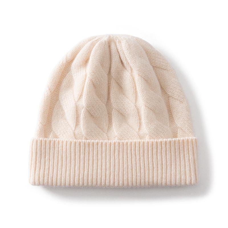 100% Pure Wool Solid Color Twisted Cuffed Knitted Hat Women'S Winter Thickened Warm Fashion Fried Dough Twists Baotou Hat Men