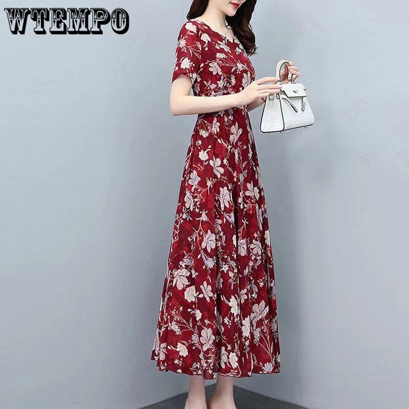 WTEMPO Women's Summer Plus Size Dress Vacation Print Beach Dress Waist-waist Dress Temperament Loose Floral Dress