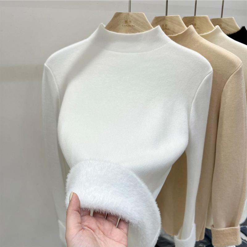 Autumn Half High Collar Slim Fit Warm Knitted Sweater Women Fashion Winter Thick Velvet Base Pullover Sweaters for Women Casual Plush Knitwears 24886