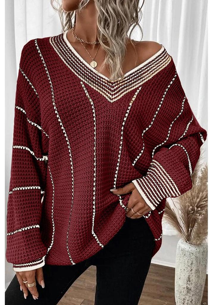 Autumn 2025 V-neck Knit Pullover: European-American Style, Hip-Length Striped Sweater for Women