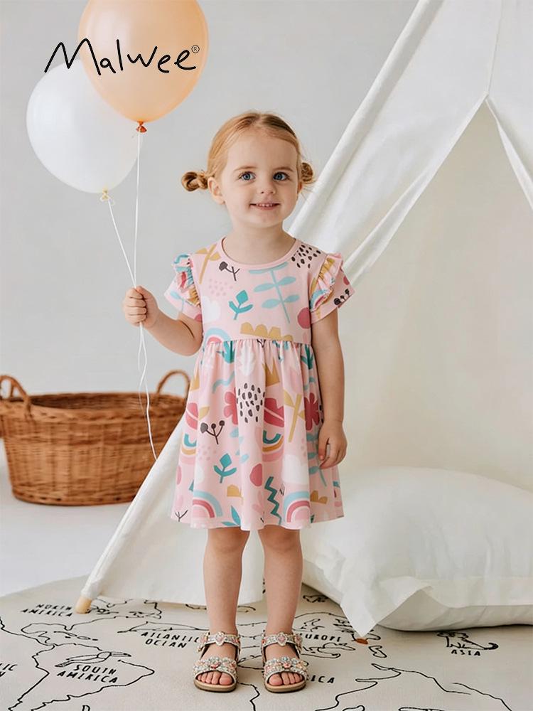 Malwee Girls' Summer Princess Dress - Cute Round Neck, Short Sleeve, European & American Style