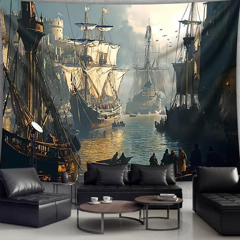 2D mittelalterliche Galeonenschiffe Wandteppich, alter Hafen Segelflotte Wandbehang für ästhetische nautische Dekoration