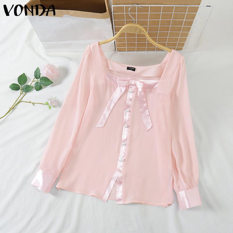 VONDA Women Elegant Solid Color Knot Long Sleeve Blouses