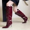 Fashion 2026 Autumn Patent Leather Boots Solid Rome Women Shoes Pointed Toe Leisure Women Thin Heels Belt Buckle Boots Knee-High