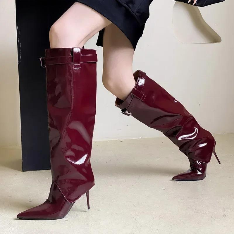 Fashion 2026 Autumn Patent Leather Boots Solid Rome Women Shoes Pointed Toe Leisure Women Thin Heels Belt Buckle Boots Knee-High