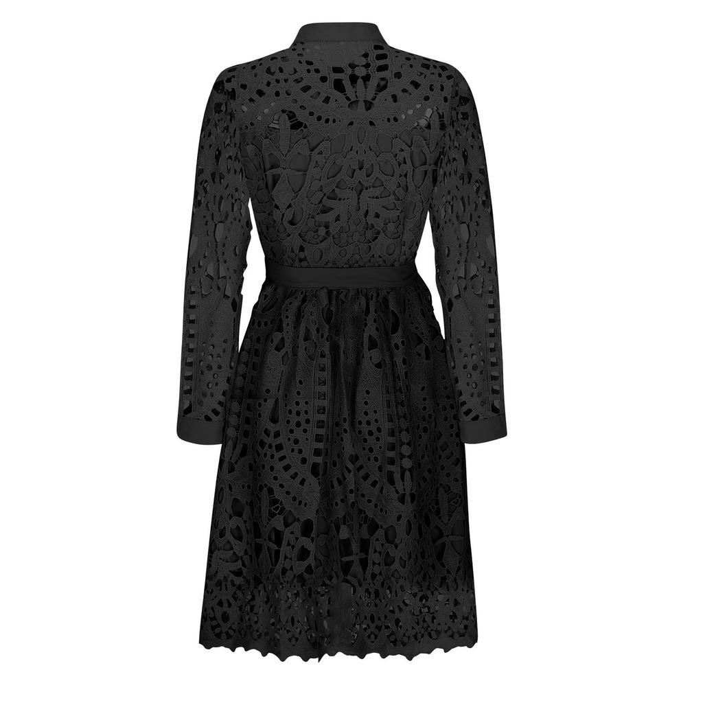 Women's Long Sleeve V Neck Hollow Out Eyelet Lace A Line Dresses