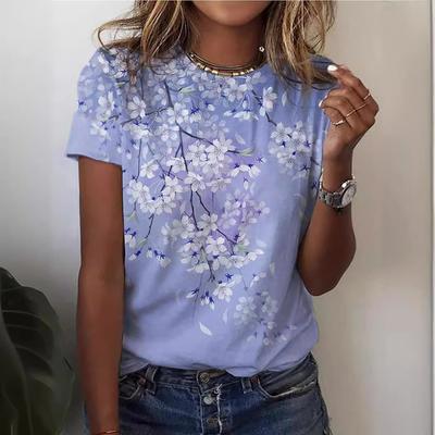 Sommer-Oberteil mit Rundhalsausschnitt und 3D-Blumenmuster, modisches, lässiges, kurzärmeliges Damen-T-Shirt