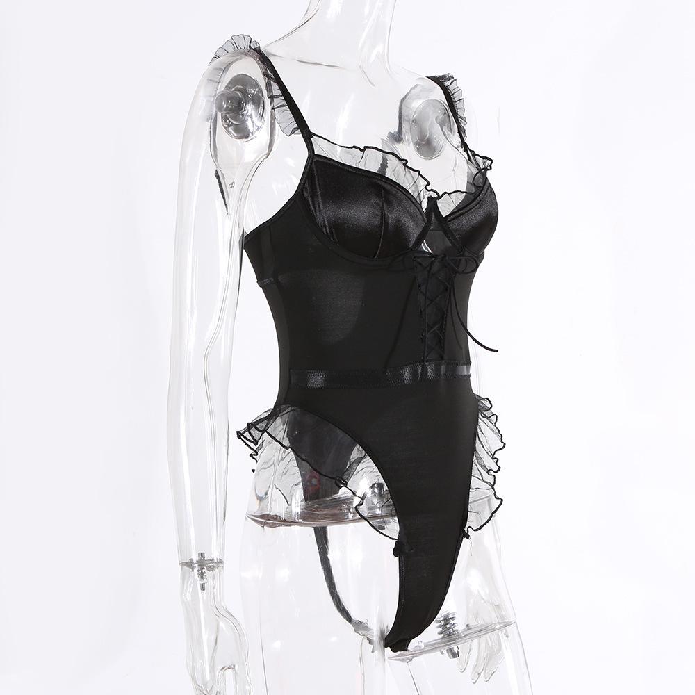European and American Black Lace Floral Backless Bodysuit - Sexy Lingerie with Straps