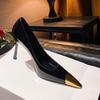 Four Seasons Women's High Heels Stiletto Metal High Heels Fashionable Sexy Shallow Mouth Gold Square Toe Single Shoes