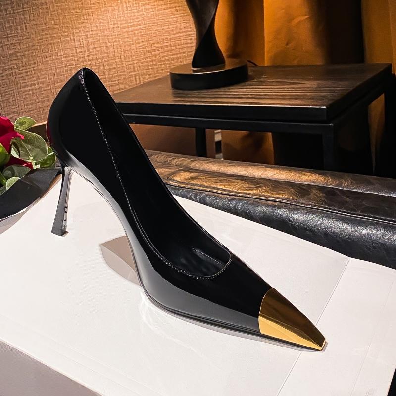 Four Seasons Women's High Heels Stiletto Metal High Heels Fashionable Sexy Shallow Mouth Gold Square Toe Single Shoes
