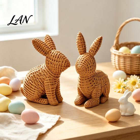 Outdoor Garden Decor 3D Printed Wicker?Look Bunny Figurine, Rattan Texture Rabbit Statue, Style Figurine Weather Resistant Decorative Ornament