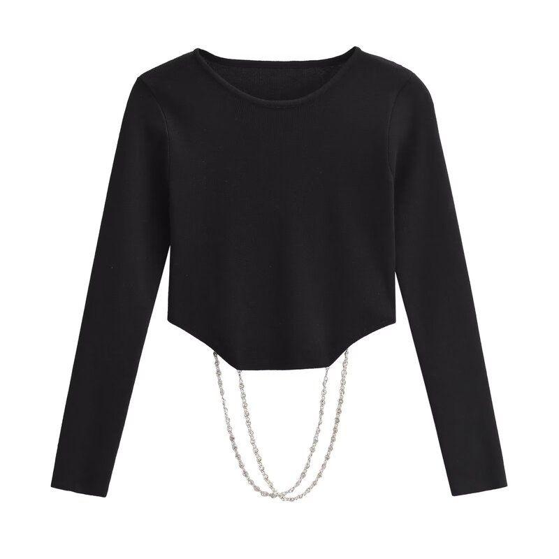 Fashion Style 2023 Autumn New Women's Clothing Easiest for Match Jewelry Chain Inlaid Knitting Tops 3920134 800