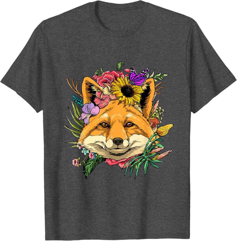 Floraler Fuchs Kopf Cottagecore Ästhetik T-Shirt Niedliches Tierliebhaber Grafik T-Shirt Frühling Herbst