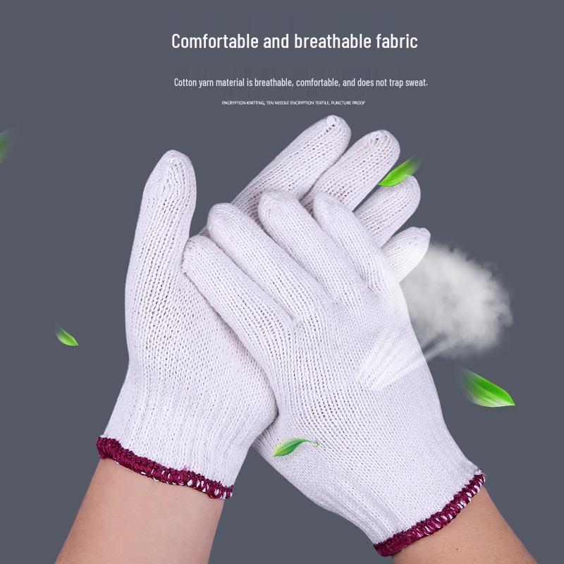 Off-White Thickened Pure Cotton Work Gloves - Durable, Wear-Resistant Labor Protection for Construction Workers