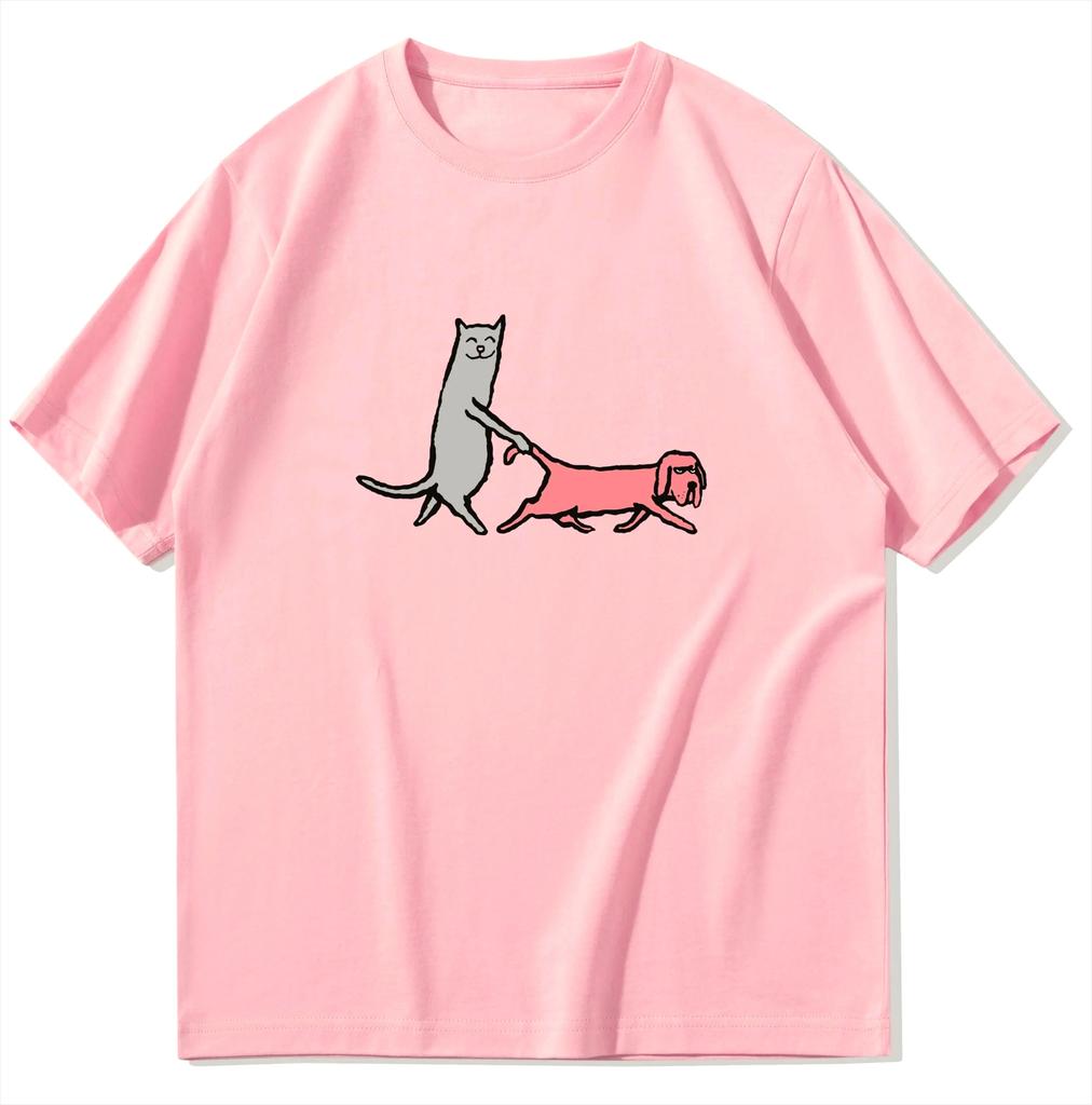 Fun Cat Walking Dog Cartoon Printed Women Short Sleeved Round Neck Tshirt for Women Trendy Summer Top Clothing