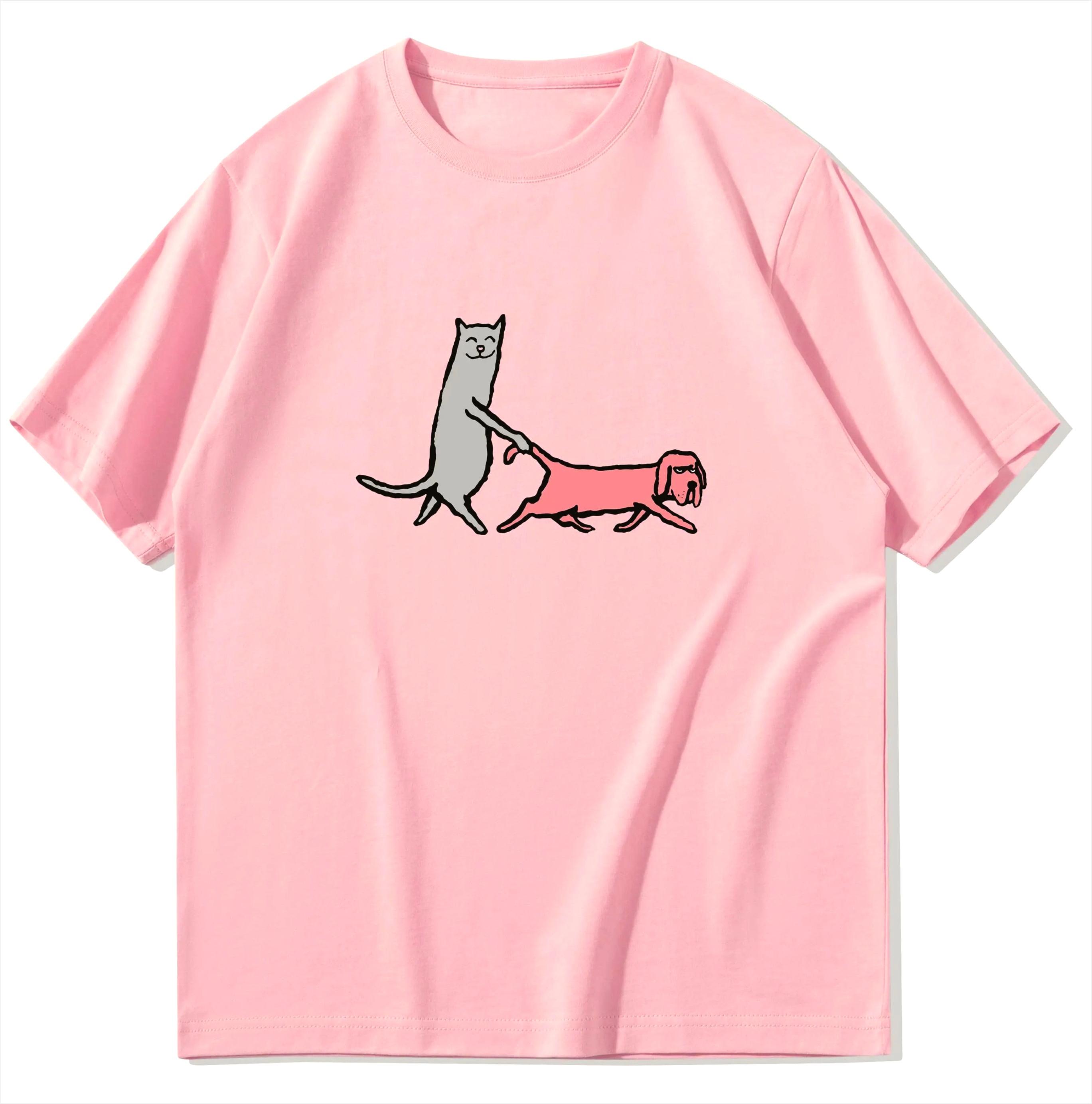 Забавная кошка выгуливает собаку, мультяшный принт, женская футболка с коротким рукавом, круглым вырезом, модный летний топ S