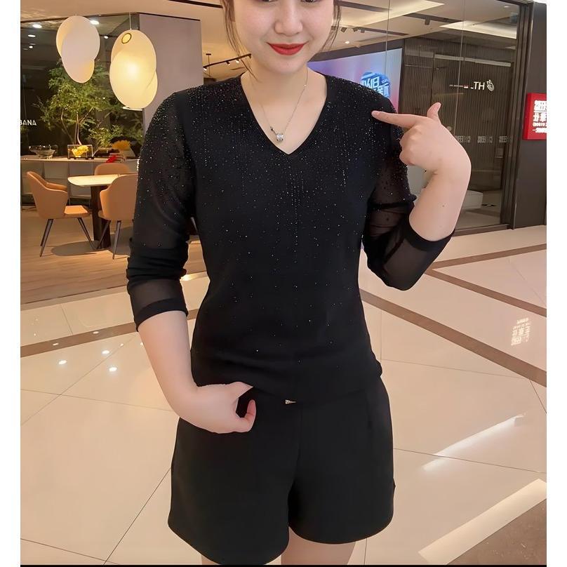 2026 Spring/Autumn Women's Rhinestone Knit Cardigan & Long Sleeve V-neck T-shirt