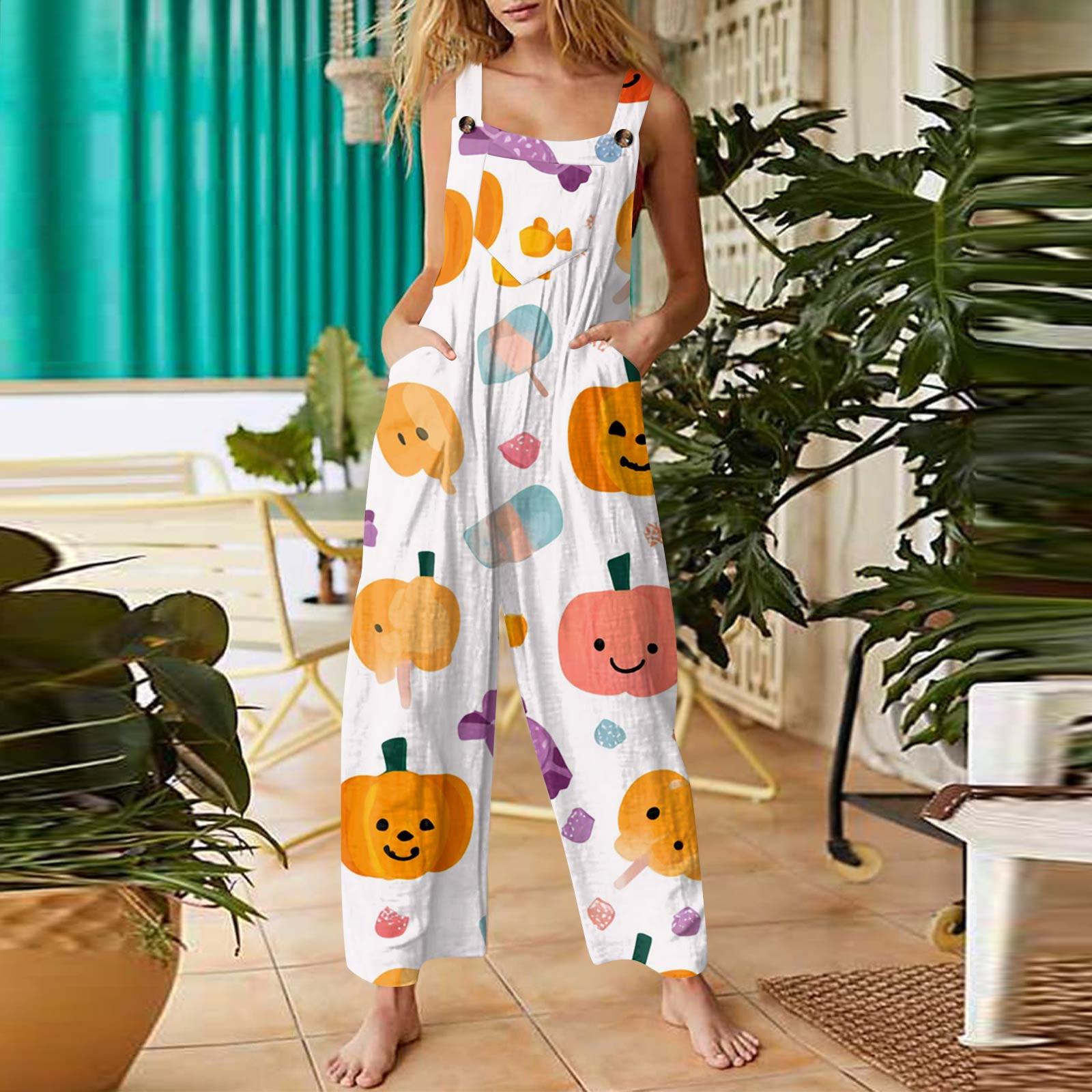

Women s Fashion Halloween Print Casual Vintage Sleeveless Button Jumpsuit XL білий