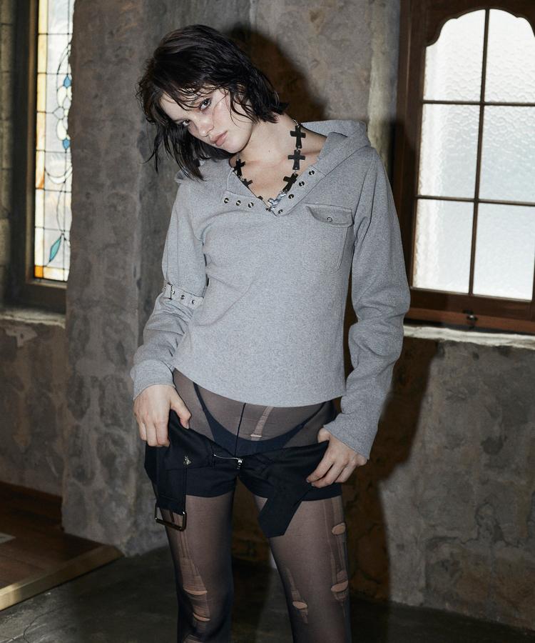 Bunteu Buckle Strap Hood Long Sleeve (Gray)