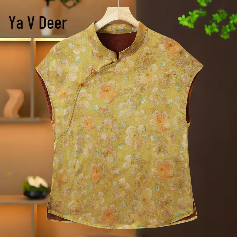 Yalu Women s New Chinese Style Floral Frog-Button Short-Sleeve Shirt XL