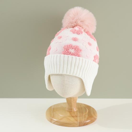 Kinder Wollmütze mit Fellbommel Kleine Blumendekorationen Ohrenschutz Verdicktes Plüschfutter Strickmütze