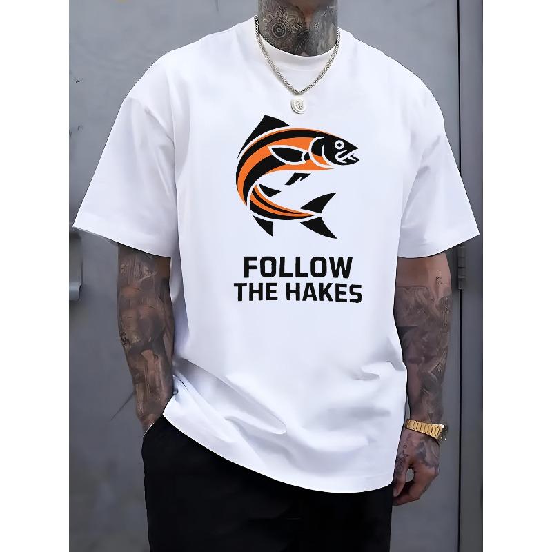 

Men s Follow the Hakes Fishing T-Shirt - Soft Comfortable Short Sleeve with Orange/Black Striped Hake Fish Print, Round Neck Casual Summer Wear S белый
