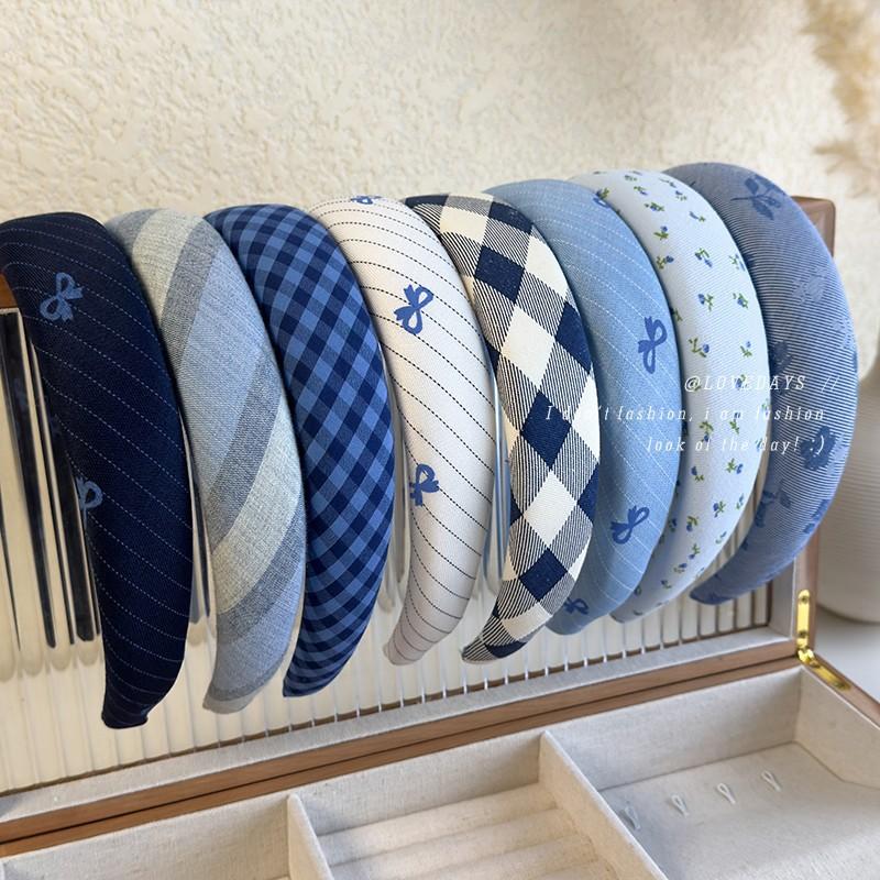 Blue Checkered Bow Sponge Hairband for Girls High Headband with High Head Top New Wide Edge Headband