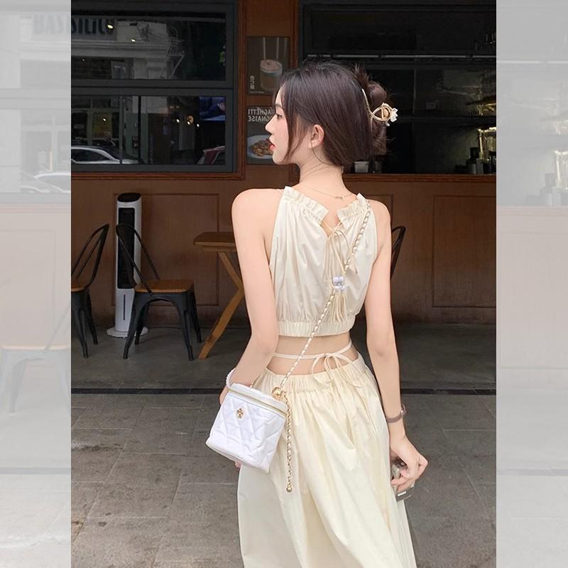 Neck Sling Dress Children's Summer Design Sense Hollow Waist and Thin Temperament Seaside Beach Vacation Dress