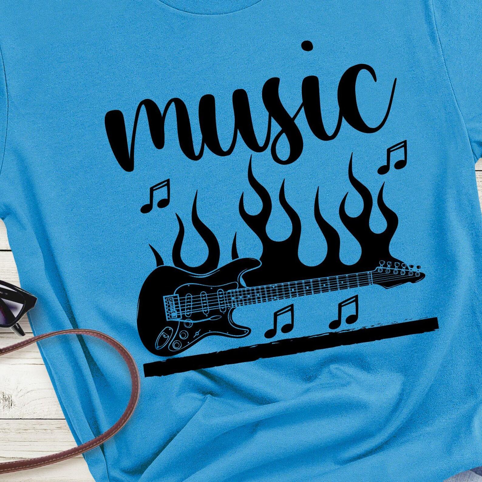 Flaming Electric Guitar music T-Shirt | Music Notes Tee, 8 colors L